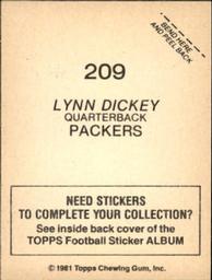 1981 Topps Stickers #209 Lynn Dickey Back