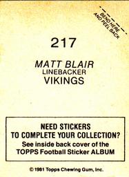1981 Topps Stickers #217 Matt Blair Back