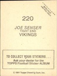 1981 Topps Stickers #220 Joe Senser Back