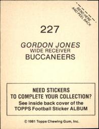 1981 Topps Stickers #227 Gordon Jones Back
