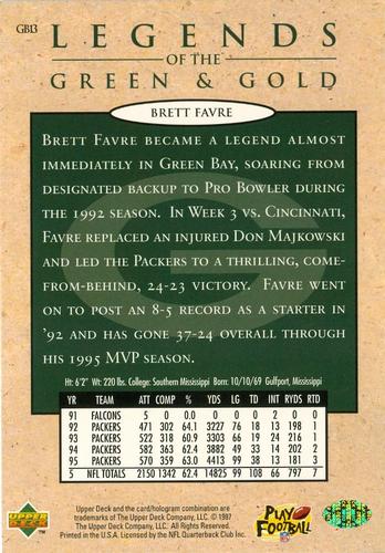 1997 Upper Deck Legends of the Green and Gold #GB13 Brett Favre Back