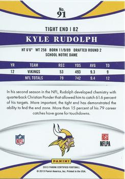 2013 Panini Certified #91 Kyle Rudolph Back