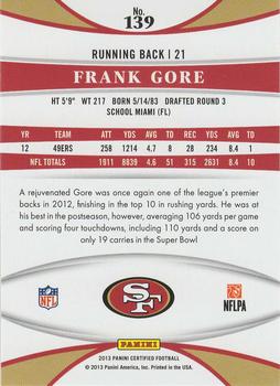 2013 Panini Certified #139 Frank Gore Back