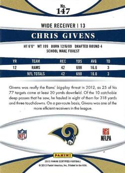 2013 Panini Certified #147 Chris Givens Back