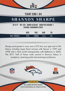 2013 Panini Certified #192 Shannon Sharpe Back