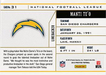 2013 Panini Prestige - NFL Draft Tickets #31 Manti Te'o Back