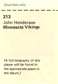 1972 NFLPA Wonderful World Stamps #213 John Henderson Back