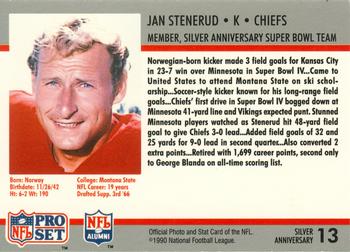 1990-91 Pro Set Super Bowl XXV Binder #13 Jan Stenerud Back