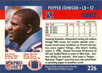 1990-91 Pro Set Super Bowl XXV Binder #226 Pepper Johnson Back