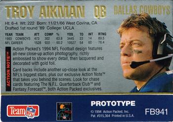 1994 Action Packed - Prototypes #FB941 Troy Aikman Back