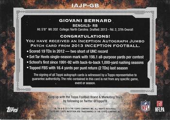 2013 Topps Inception - Autographed Jumbo Patches Purple #IAJP-GB Giovani Bernard Back