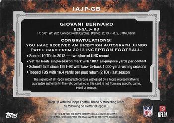 2013 Topps Inception - Autographed Jumbo Patches Glove #IAJP-GB Giovani Bernard Back