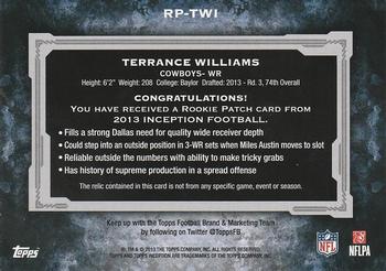 2013 Topps Inception - Rookie Patches #RP-TWI Terrance Williams Back