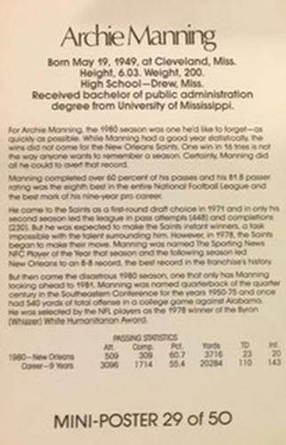 1981 Marketcom Mini-Poster #29 Archie Manning Back