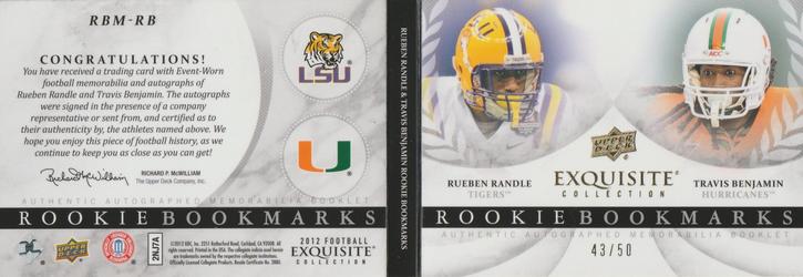2012 Upper Deck Exquisite Collection - Rookie Bookmark Jersey Autographs #RBM-RB Travis Benjamin / Rueben Randle Back