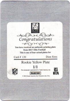2013 Panini Elite - Printing Plates Yellow #130 Dion Sims Back
