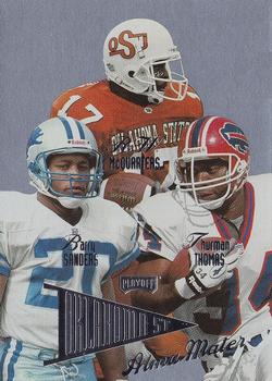 1998 Playoff Prestige SSD Hobby - Alma Mater (Silver Foil) #7 R.W. McQuarters / Barry Sanders / Thurman Thomas Front