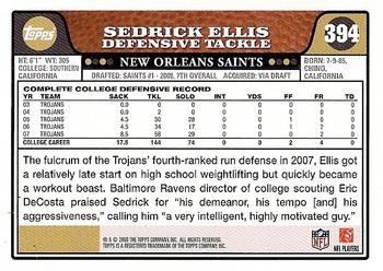 2008 Topps #394 Sedrick Ellis Back