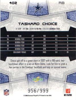 2008 Score Select #402 Tashard Choice Back