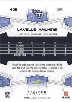 2008 Score Select #403 Lavelle Hawkins Back