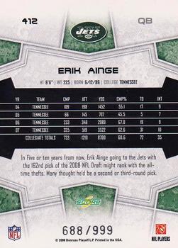 2008 Score Select #412 Erik Ainge Back