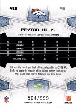 2008 Score Select #425 Peyton Hillis Back