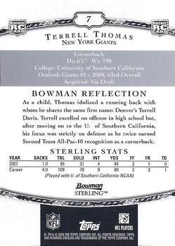 2008 Bowman Sterling #7 Terrell Thomas Back