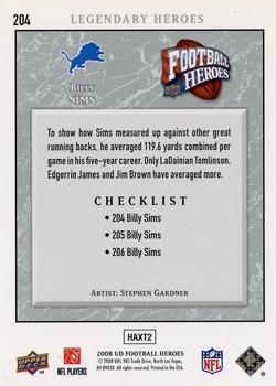 2008 Upper Deck Heroes #204 Billy Sims Back