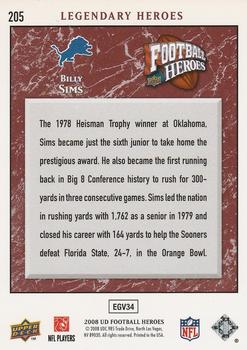 2008 Upper Deck Heroes #205 Billy Sims Back