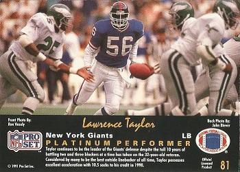 1991 Pro Set Platinum #81 Lawrence Taylor Back