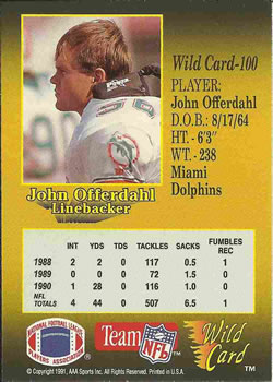 1991 Wild Card #100 John Offerdahl Back