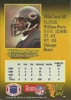 1991 Wild Card #103 William Perry Back