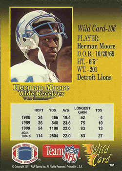 1991 Wild Card #106 Herman Moore Back