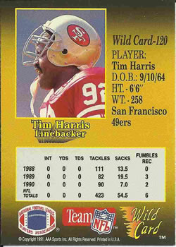 1991 Wild Card #120 Tim Harris Back
