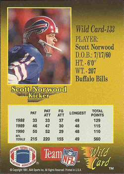 1991 Wild Card #133 Scott Norwood Back