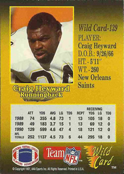 1991 Wild Card #139 Craig Heyward Back