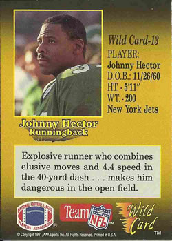 1991 Wild Card #13 Johnny Hector Back