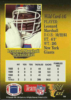 1991 Wild Card #145 Leonard Marshall Back