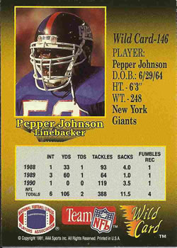 1991 Wild Card #146 Pepper Johnson Back