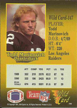1991 Wild Card #147 Todd Marinovich Back