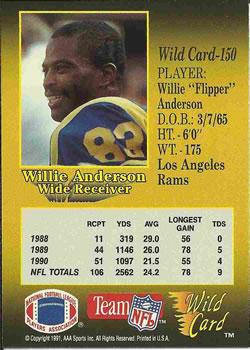 1991 Wild Card #150 Willie Anderson Back