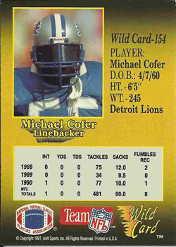 1991 Wild Card #154 Michael Cofer Back