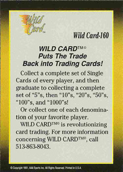 1991 Wild Card #160 Checklist #4: 121-160 Back