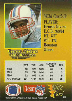 1991 Wild Card #19 Ernest Givins Back