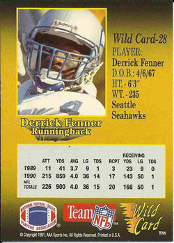 1991 Wild Card #28 Derrick Fenner Back