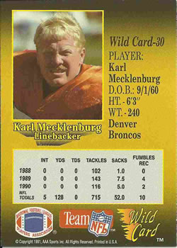 1991 Wild Card #30 Karl Mecklenburg Back