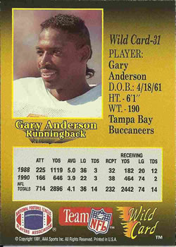1991 Wild Card #31 Gary Anderson Back