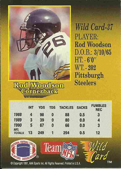 1991 Wild Card #37 Rod Woodson Back