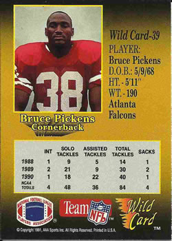 1991 Wild Card #39 Bruce Pickens Back