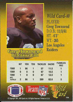 1991 Wild Card #40 Greg Townsend Back